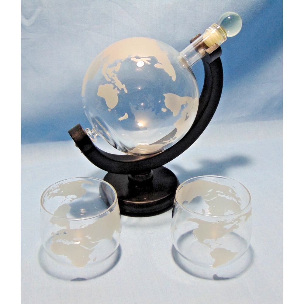 Decanter Whiskey Etched World Globe Set Glass Crystal 850ml / 28oz